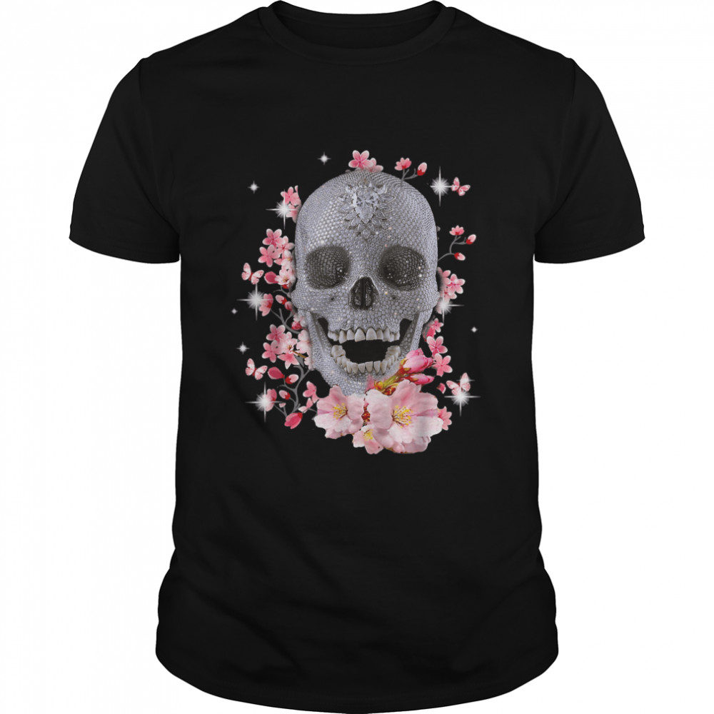 Cherry Blossom Skull Flowers Floral Halloween T-Shirt Copy