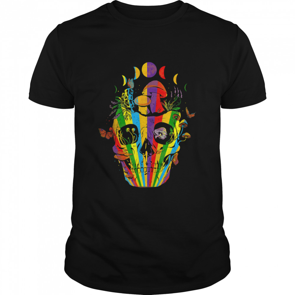 Skull Mushroom Mycologist Butterfly Colorful Striped T-Shirt
