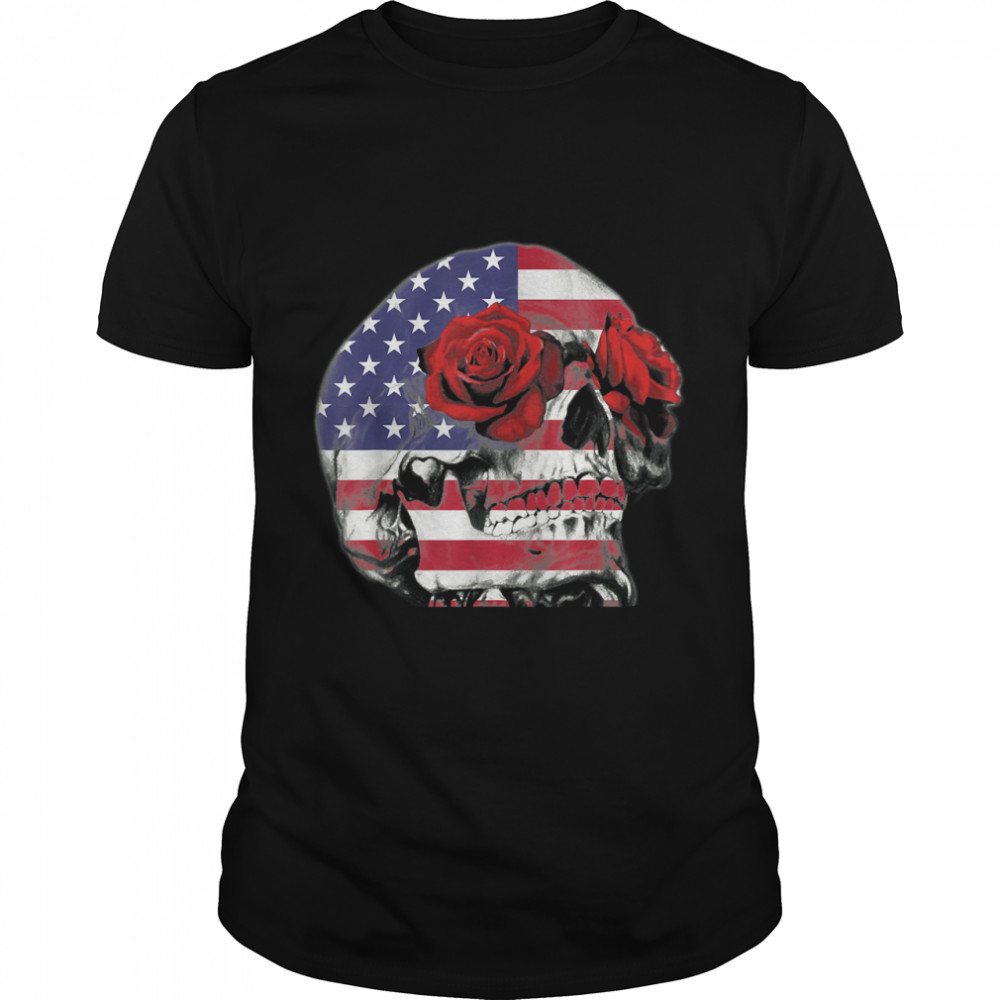 Skull rose flower american flag - independence day skull ros T-Shirt