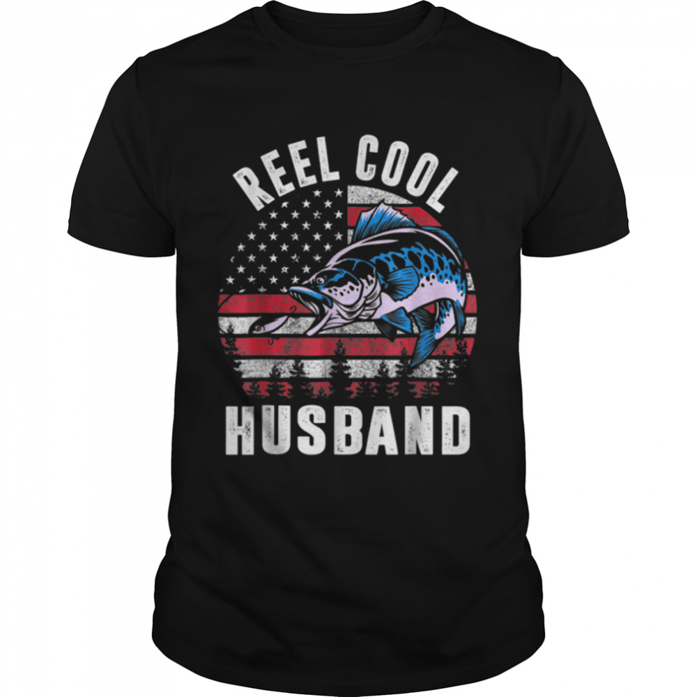 Husband Day Us Flag Vintage Reel Cool Father Fishing T-Shirt B0B367KSTD