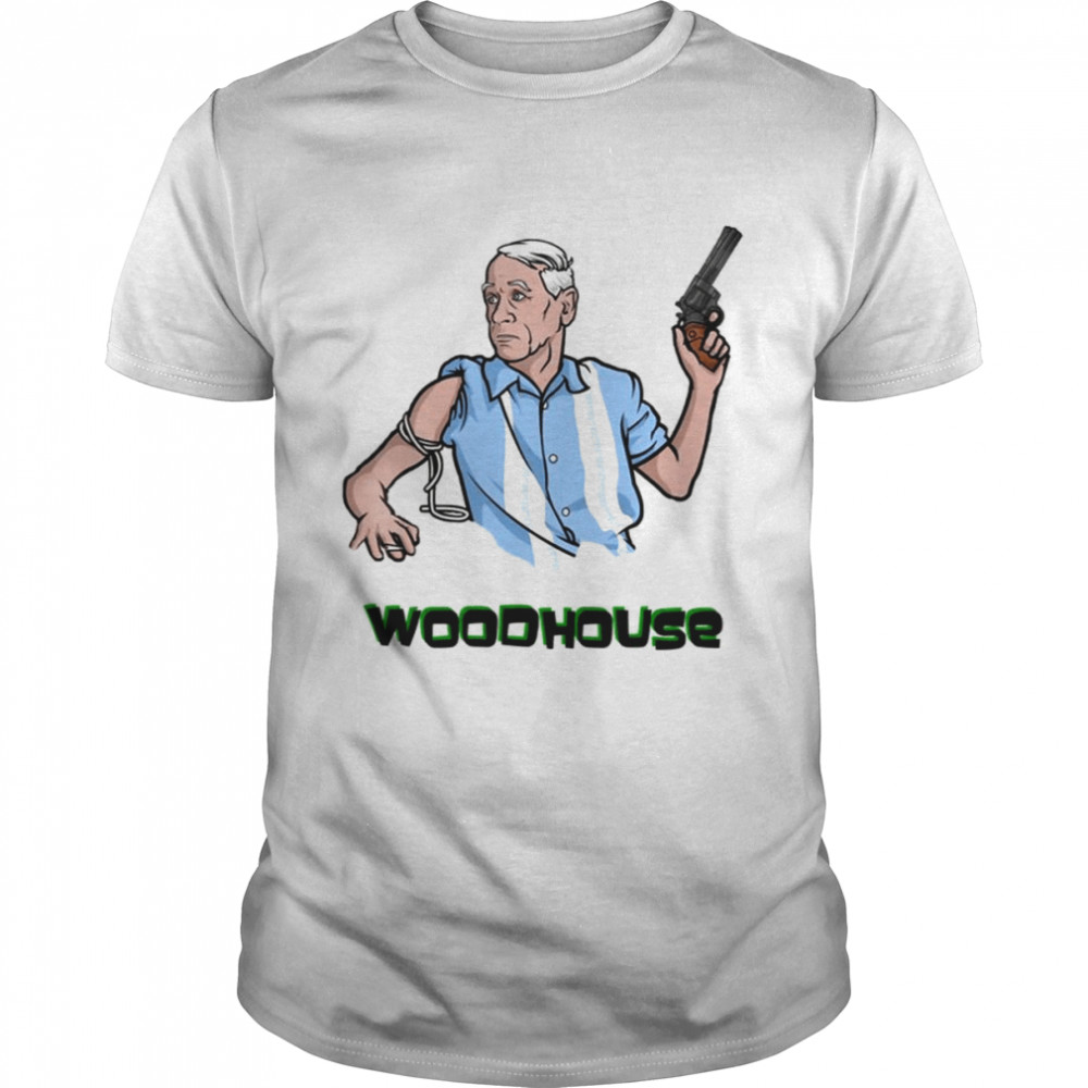Strap On His Arm And Gun In Hand Typical Woodhouse Archer Tv Show Shirt