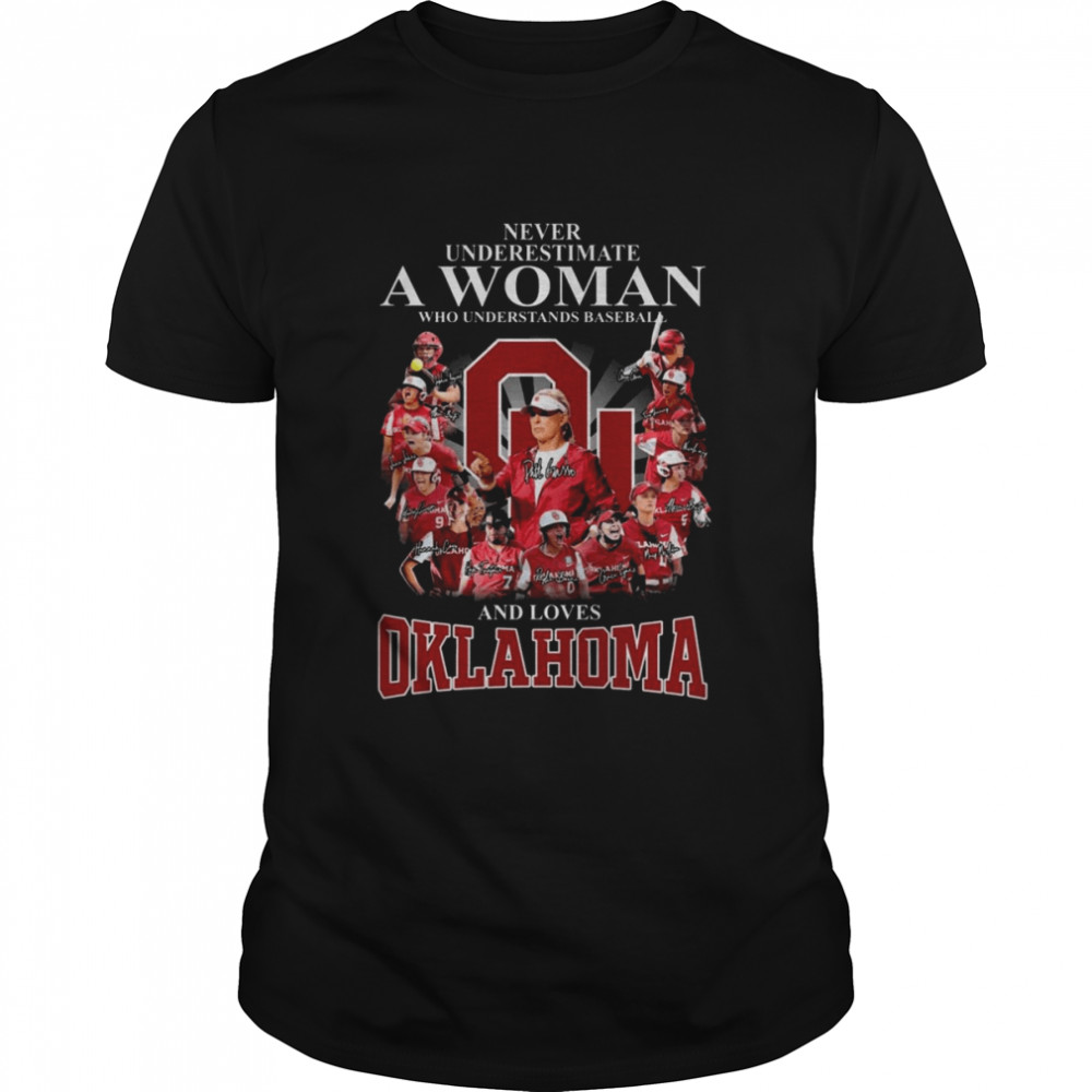 Never Underestimate A Woman Who Understands Softball And Loves Okalhoma Sooners Signatures Shirt