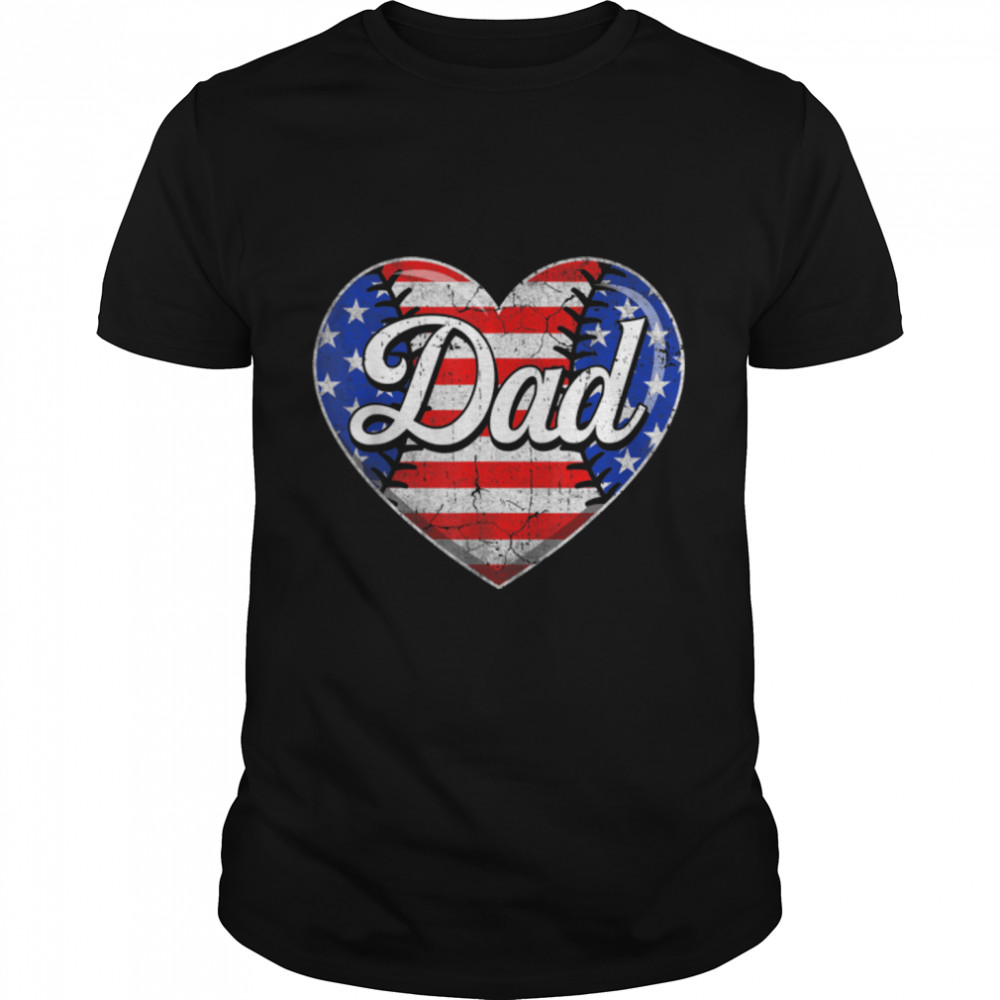 Mens Retro USA Flag Heart Baseball Dad Father's Day Patriotic T-Shirt B0B3SSSQ9M