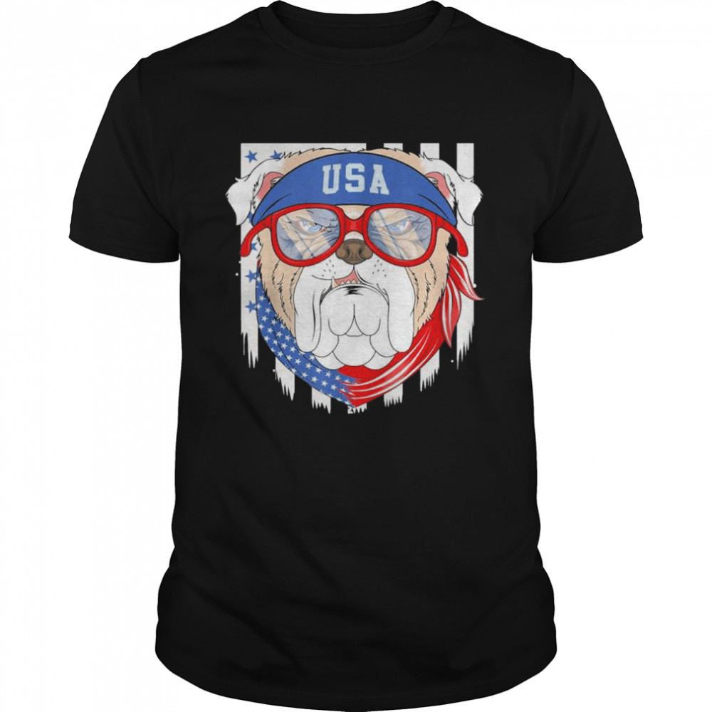 Patriotic USA 4th July Bulldog Bull Dog US Flag Sunglasses T-Shirt