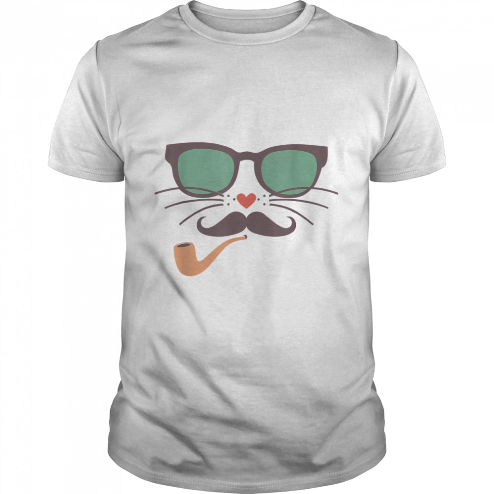 Hipster Cat Face Glasses Mustache Smoking Pipe T-Shirt
