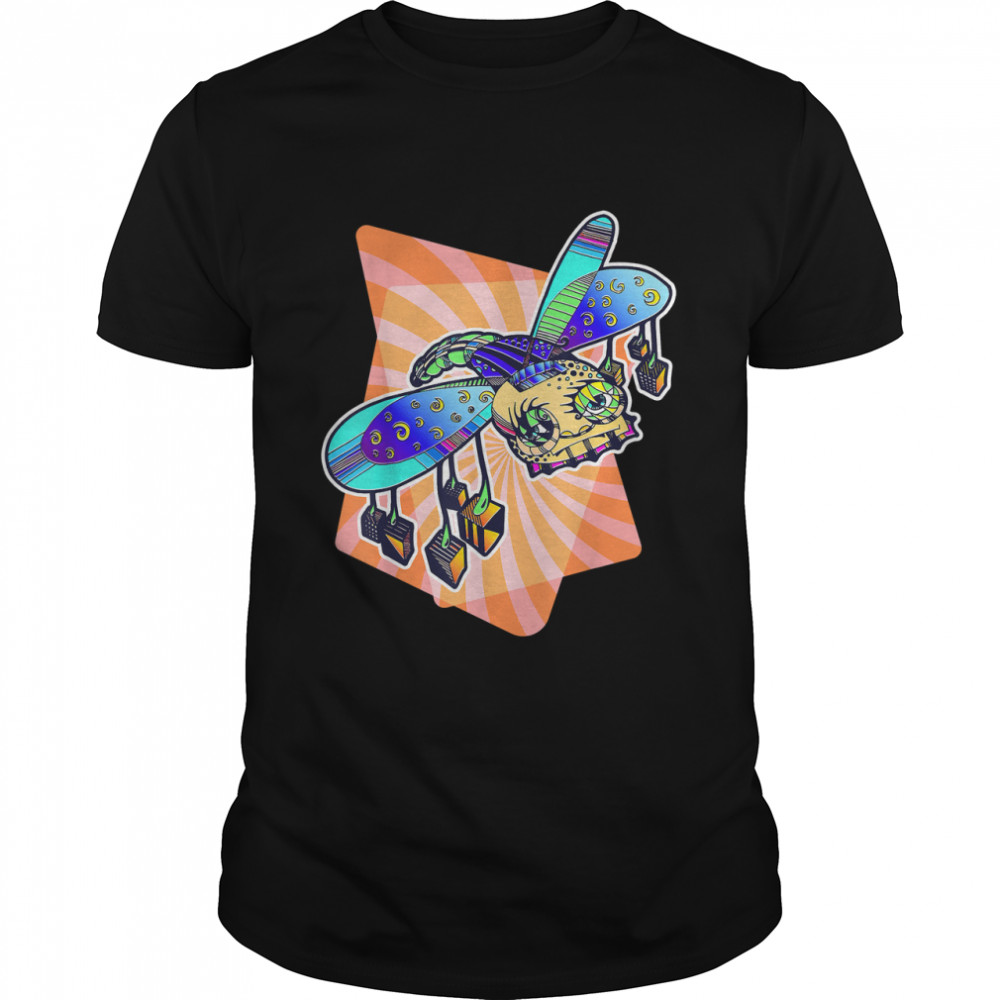 Multicolored Optical Art Fly Supporting Psychedelic T-Shirt