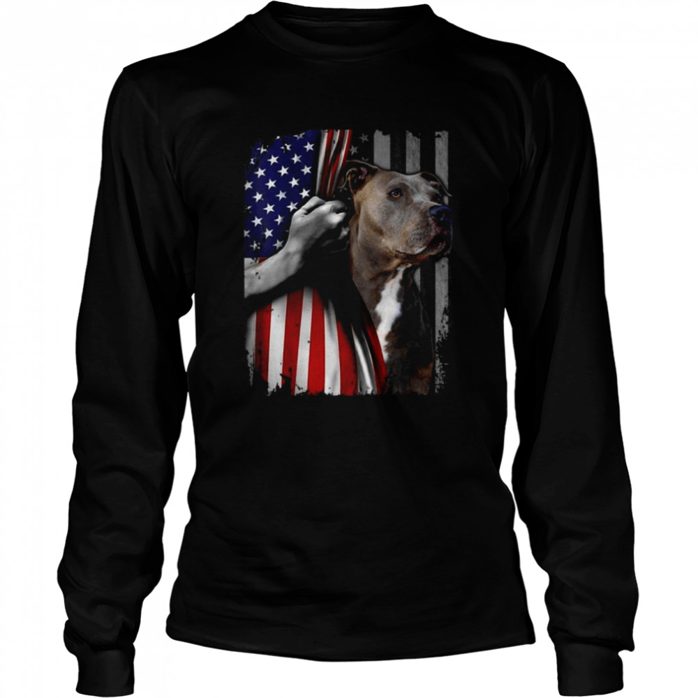Patriotic Pitbull Vintage American Flag Dog Lover Men Women T  Long Sleeved T-shirt