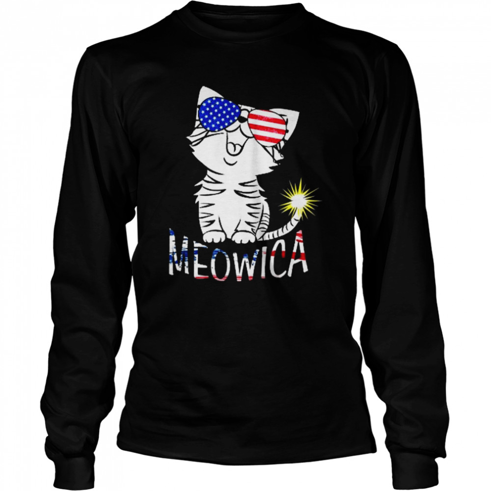 Happy 4th Of July Meowica American Patriotic Flag Cat  Long Sleeved T-shirt