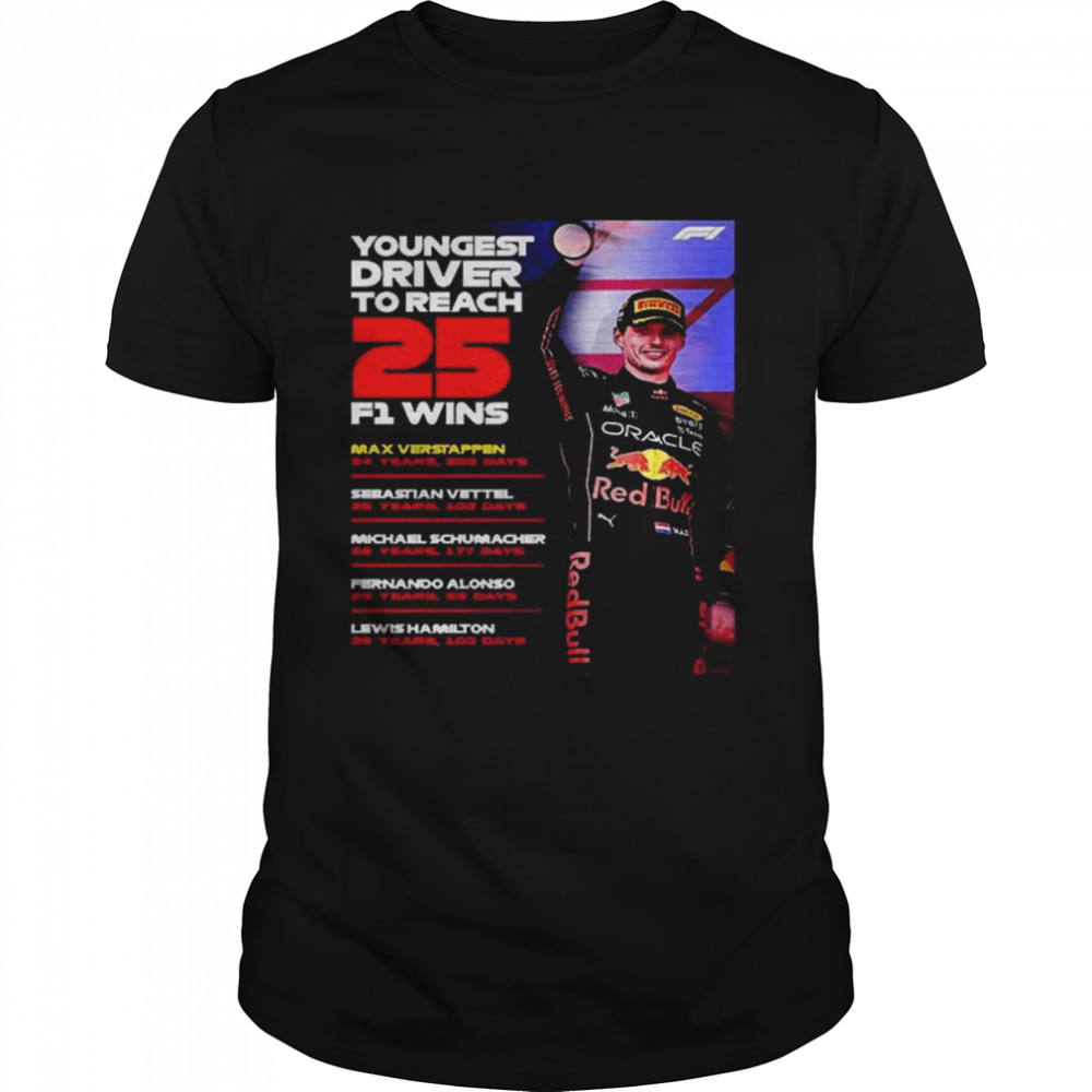 F1 Oracle Red Bull Racing Max Verstappen Youngest Driver To Reach 25 F1 Wins Shirt