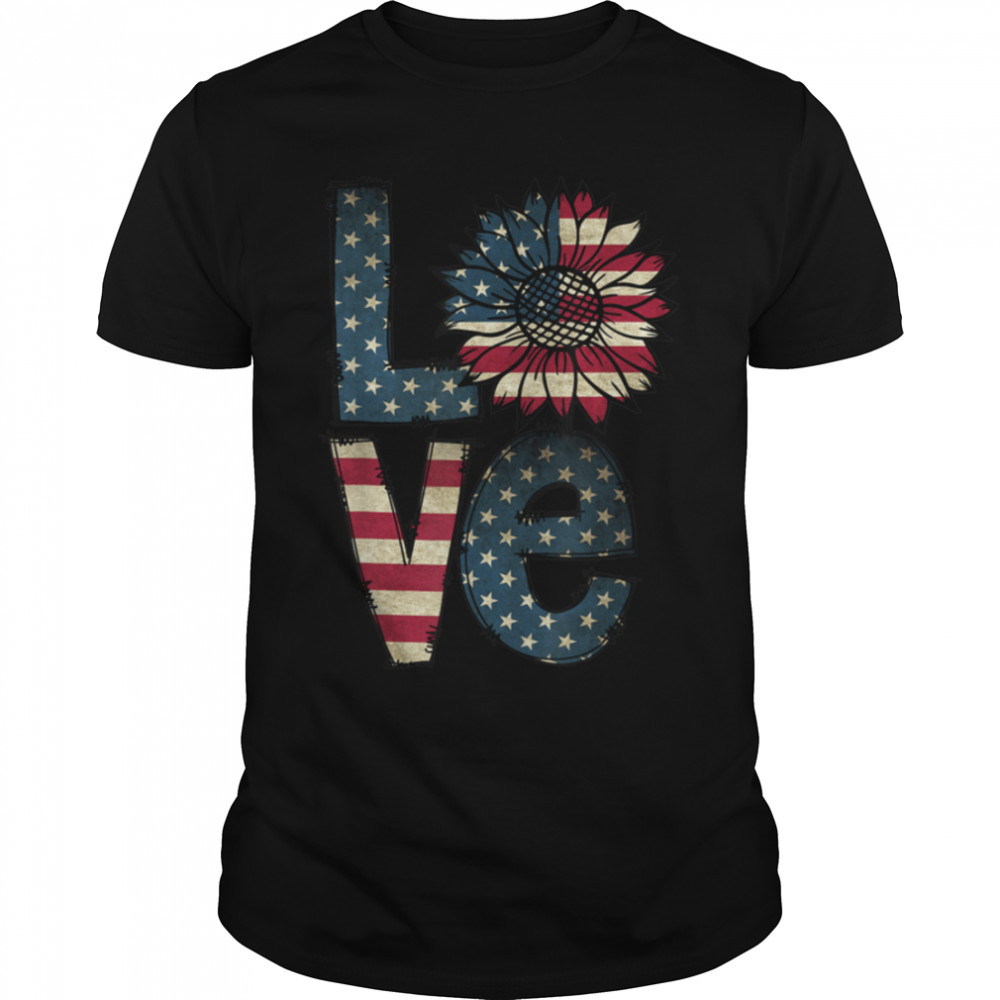 American Love Sunflower Patriotic American Flag T-Shirt B0B4MZTVS2
