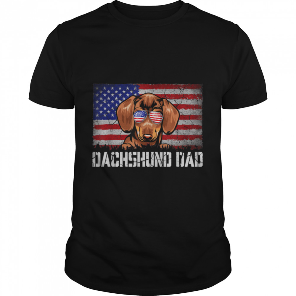 Mens Patriotic Dachshund Dad American Flag 4Th Of July T-Shirt B0B4Mmk52R