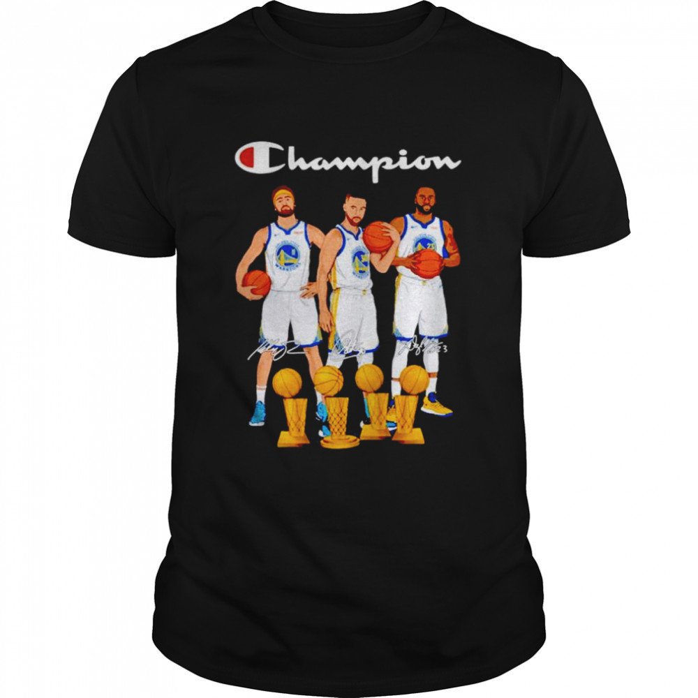 Golden State Warriors Stephen Curry And Klay Thompson And Draymond Green Champions Cup signatures shirt