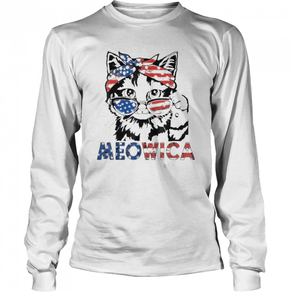 Meowica Cat Sunglasses American Flag 4th Of July Merica Usa  Long Sleeved T-shirt