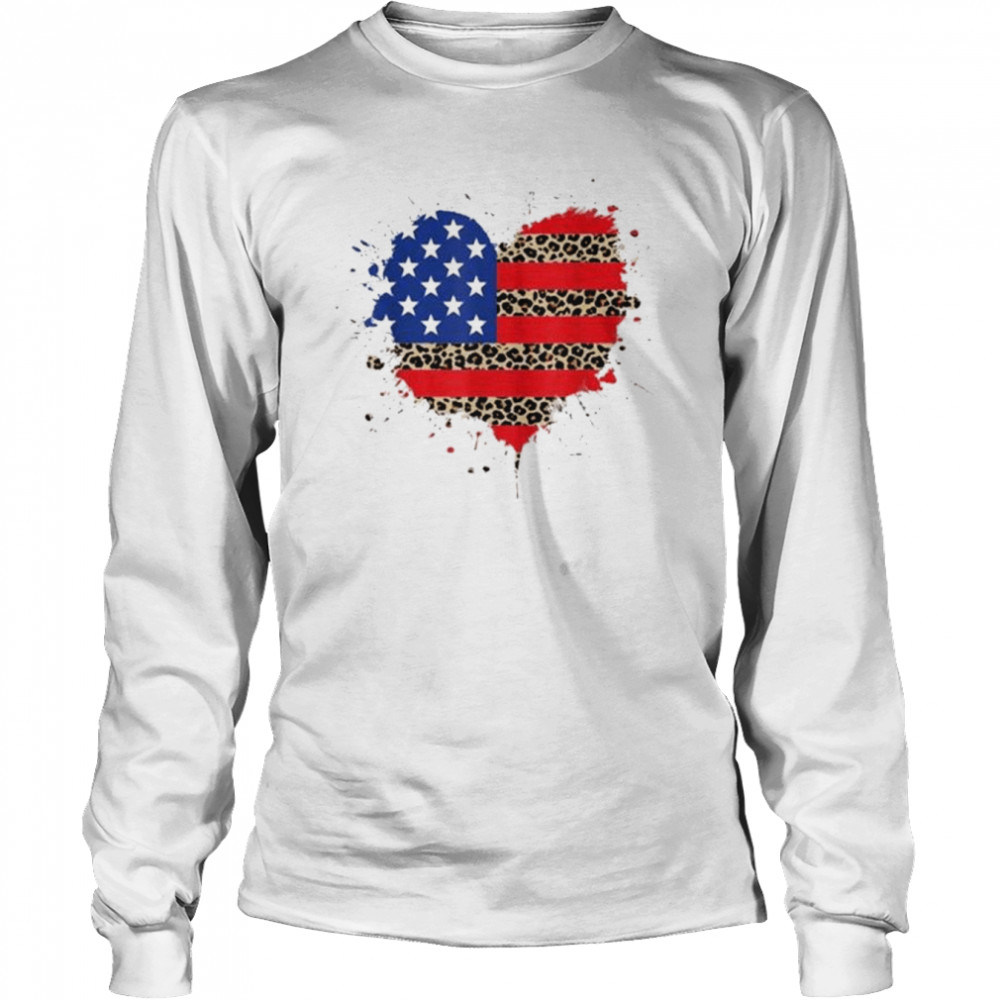 4th of july usa love heart leopard plaid American flag shirt Long Sleeved T-shirt