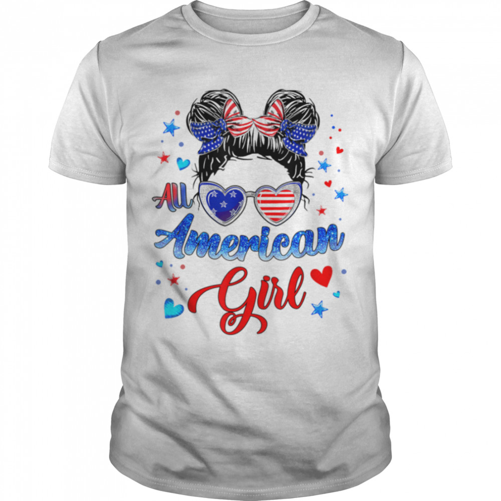 All American Girl 4Th Of July Girl Kids Messy Bun Usa Flag T-Shirt B0B45Kn9Ff