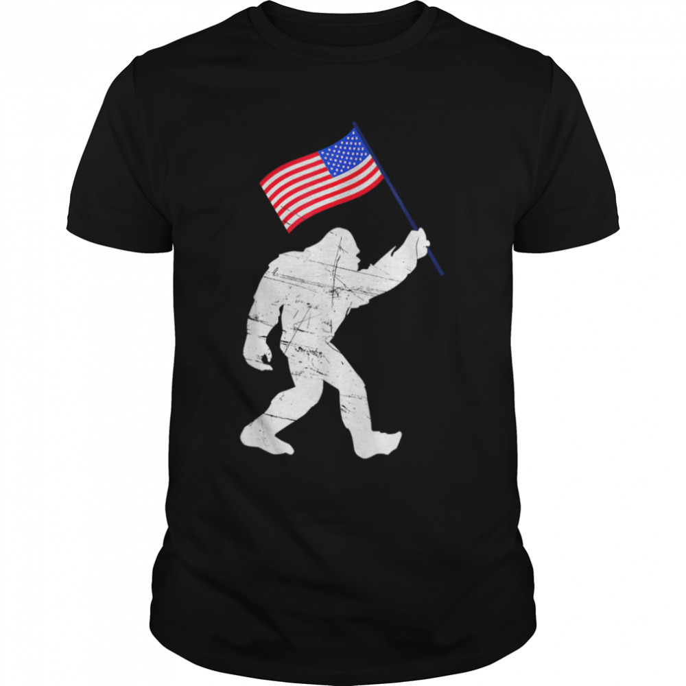 Bigfoot With American Flag Funny 4Th Of July T-Shirt B0B4Zs2W4J
