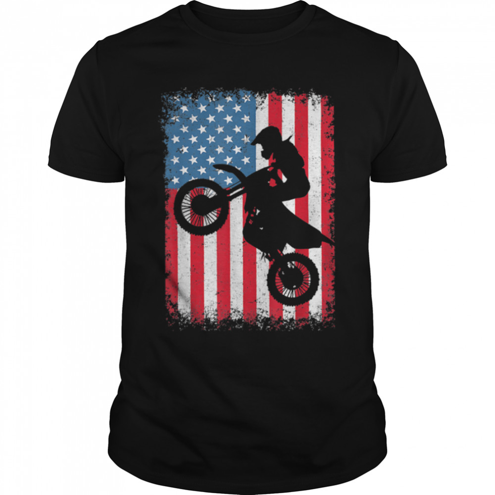 Dirt Bike American Flag Motocross Biker 4Th Of July Usa Flag T-Shirt B0B45Nmmb7