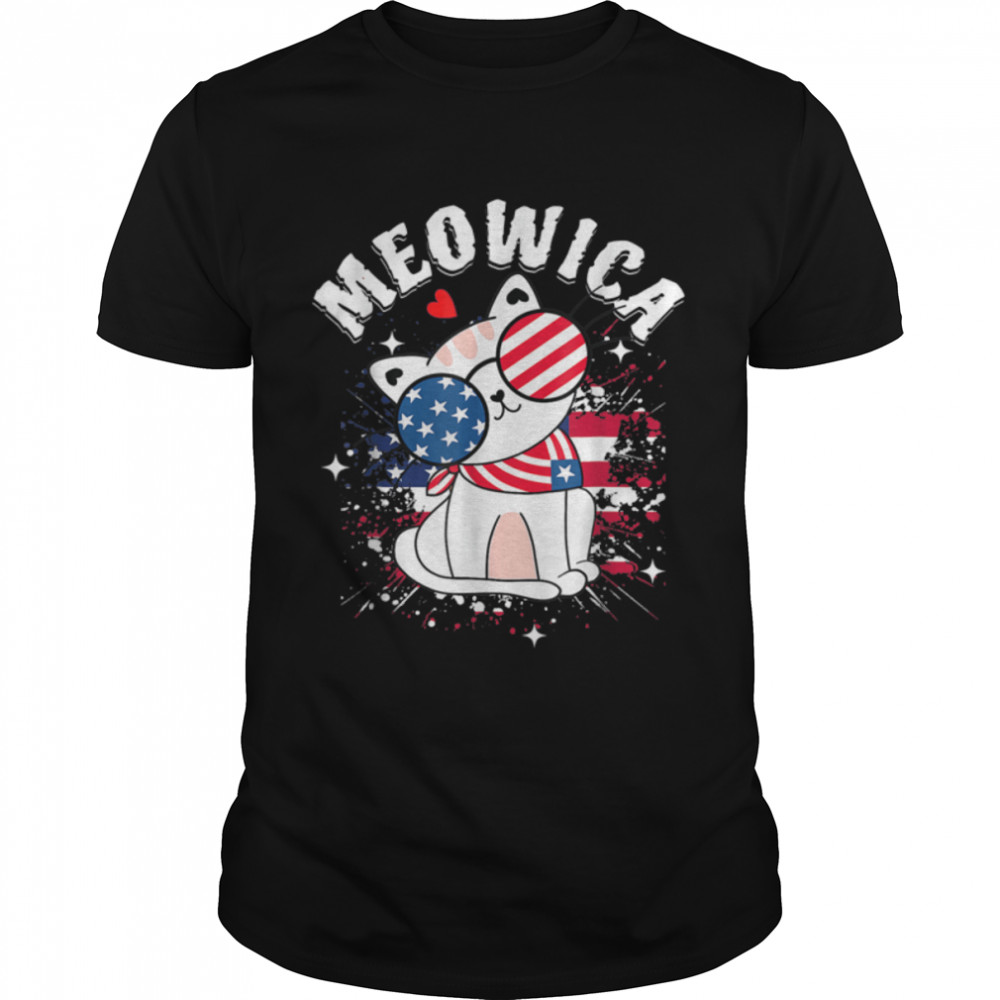 Meowica Cat Sunglasses Us Flag 4Th Of July Merica Funny 2022 T-Shirt B0B4Zkgsty