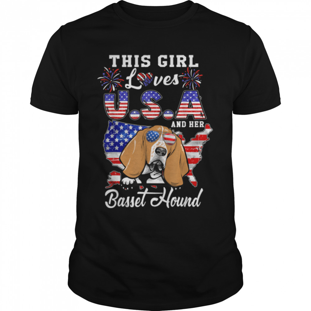 This Girl Loves USA and Her Dog 4th of July Basset Hound T-Shirt B0B45PFHQ9