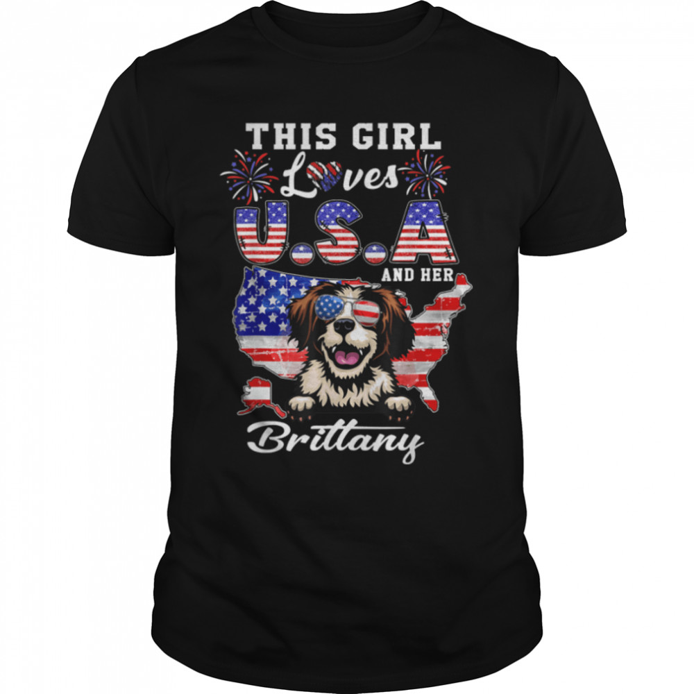 This Girl Loves Usa And Her Dog 4Th Of July Brittany Dog T-Shirt B0B45M1Sn5