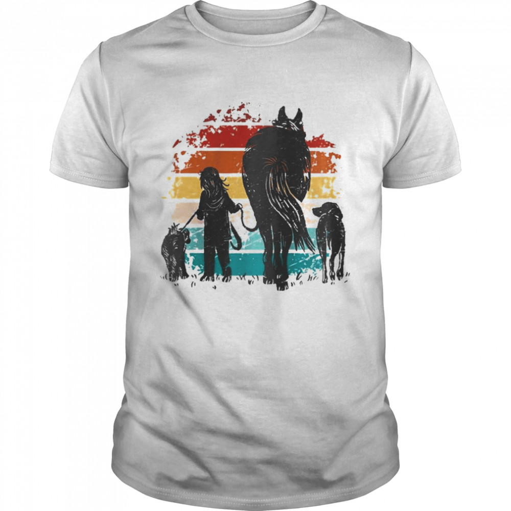Vintage Girl With Dogs And Horse Horseback Riding Girls Raglan Baseball Shirt