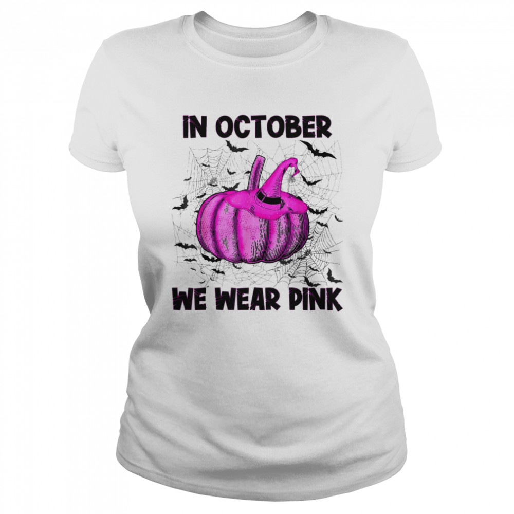 in October We Wear Pink Pumpkin Buffalo Plaid Halloween T- Classic Women's T-shirt