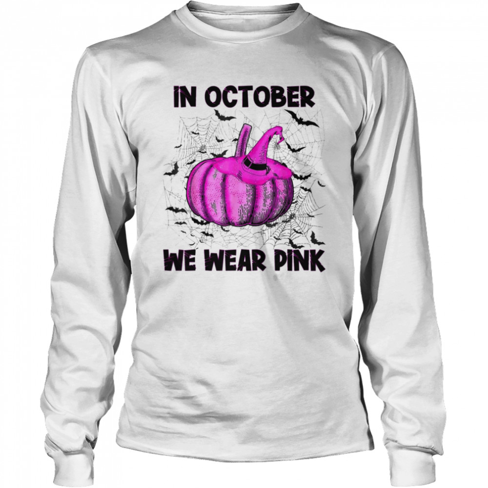 in October We Wear Pink Pumpkin Buffalo Plaid Halloween T- Long Sleeved T-shirt