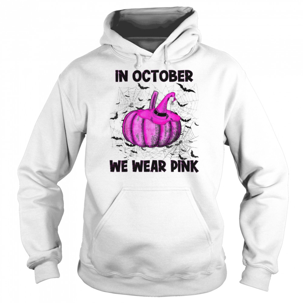 in October We Wear Pink Pumpkin Buffalo Plaid Halloween T- Unisex Hoodie