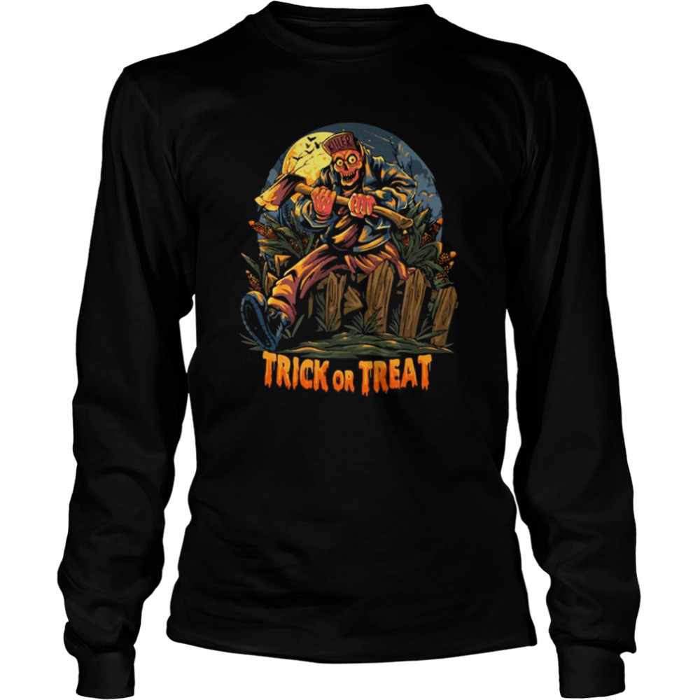 Zombies Carrying Axes Going To A Party Event Jumping Over Wooden Fences In The Corn Garden Halloween Spooky Night shirt Long Sleeved T-shirt