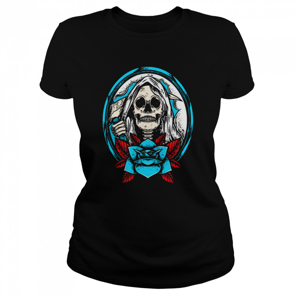 happy halloween skull with blue roses shirt classic womens t shirt