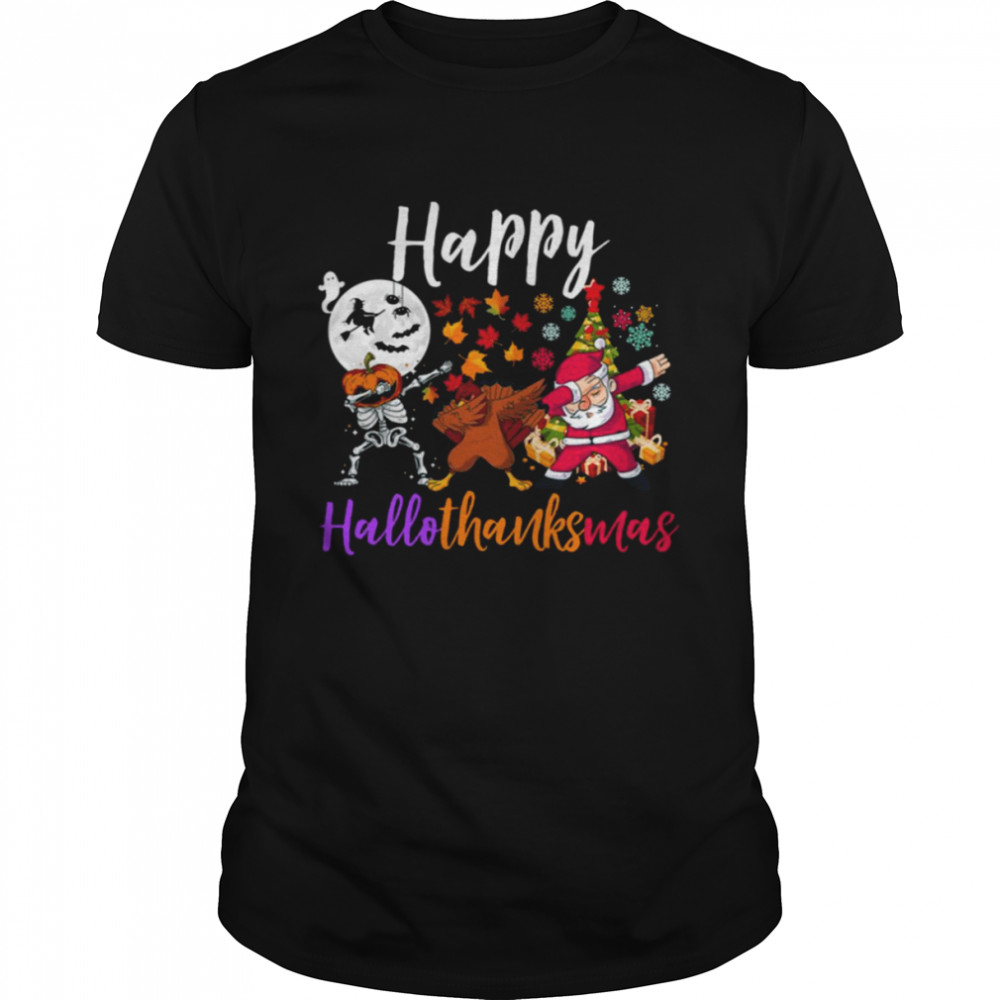 Happy Hallothanksmas Dabbing Skeleton Turkey Santa Halloween Thanksgiving Christmas Holidays shirt Classic Men's T-shirt
