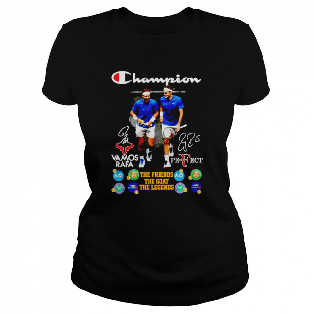 champion roger federer and rafael nadal the friends the goat the legends signatures shirt classic womens t shirt
