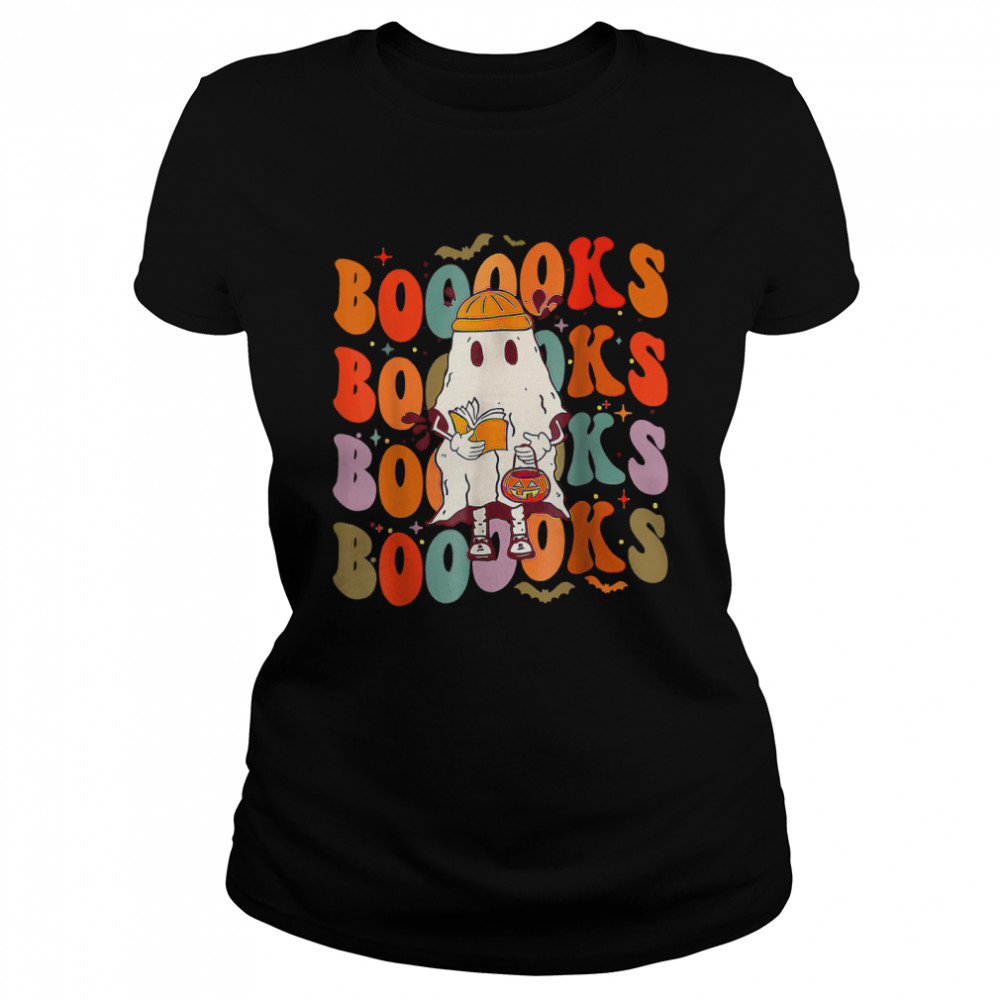 booooks groovy cute ghost book retro reading halloween t classic womens t shirt