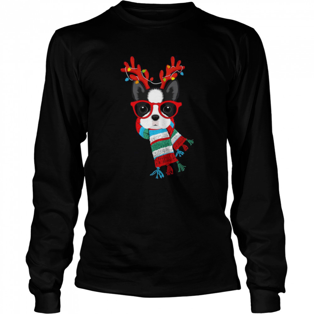 boston terrier xmas holidays reindeer christmas lights shirt long sleeved t shirt