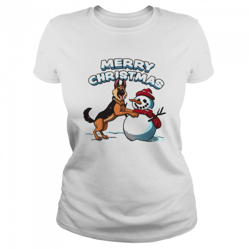 german shepherd and snowman fitted merry christmas shirt classic womens t shirt