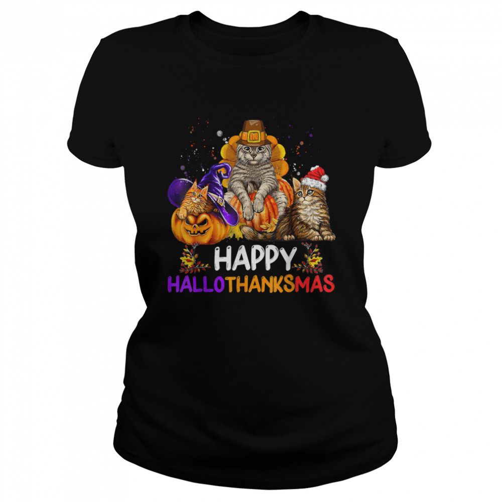 happy hallothanksmas cat halloween thanksgiving christmas t classic womens t shirt