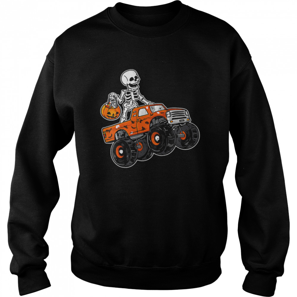 Kids Skeleton Riding Monster Truck Lazy Halloween Costume Pumpkin T- Unisex Sweatshirt