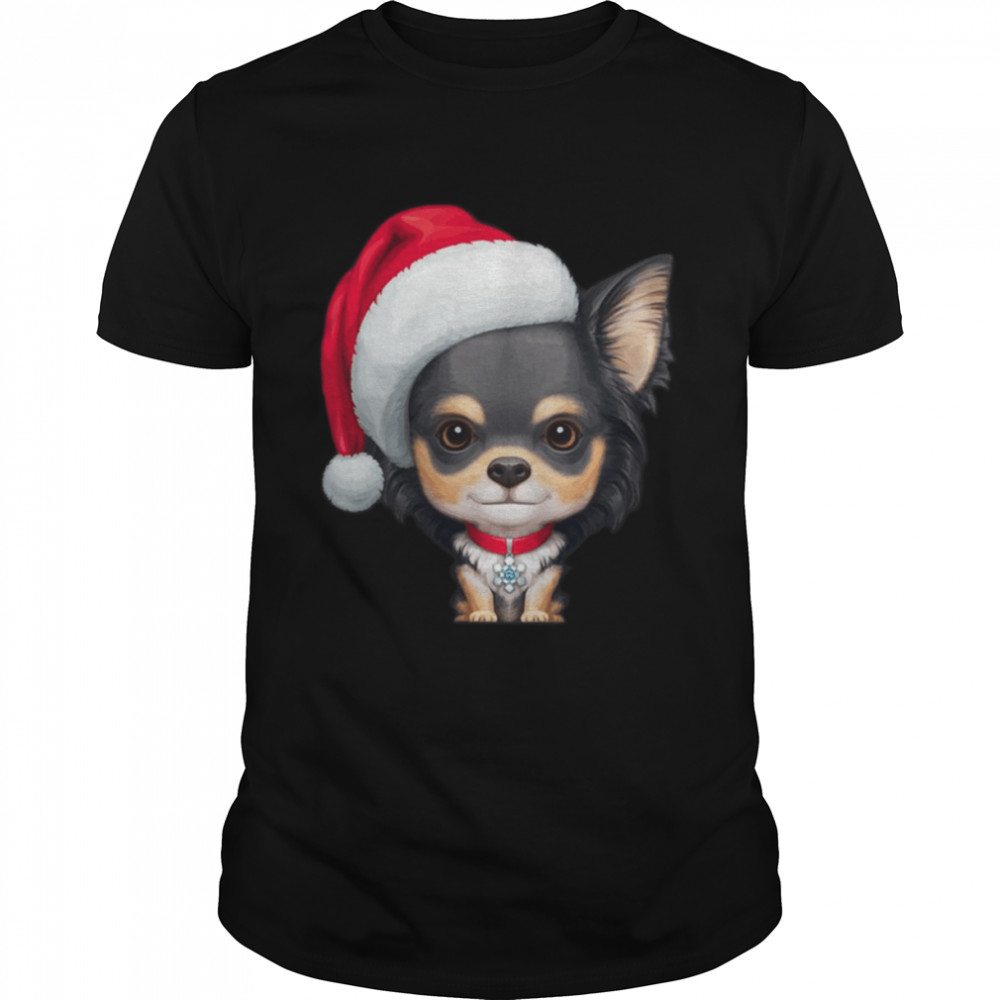 Long Coat Tricolor Chihuahua Dog Wearing Santa Hat shirt
