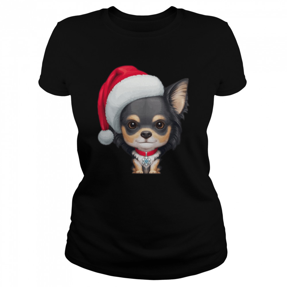 Long Coat Tricolor Chihuahua Dog Wearing Santa Hat shirt Classic Womens T-shirt