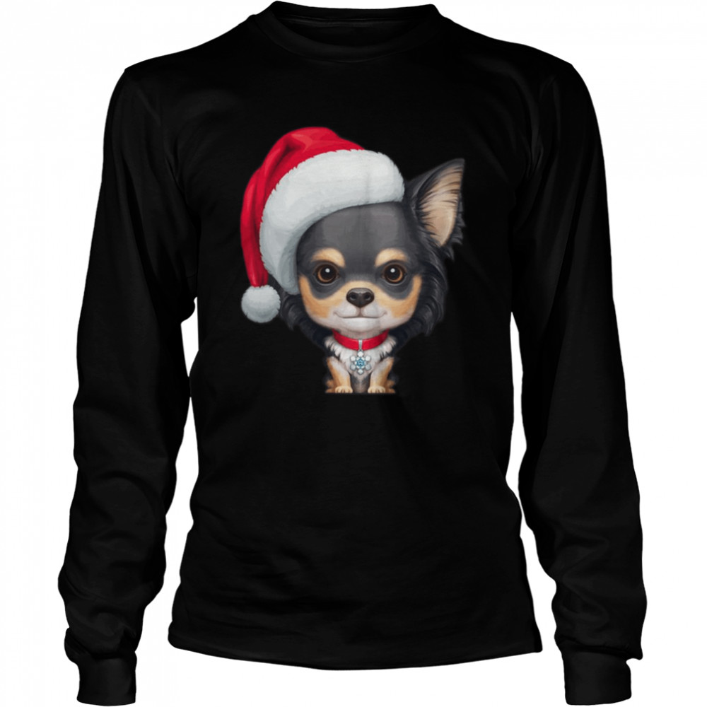 Long Coat Tricolor Chihuahua Dog Wearing Santa Hat shirt Long Sleeved T-shirt