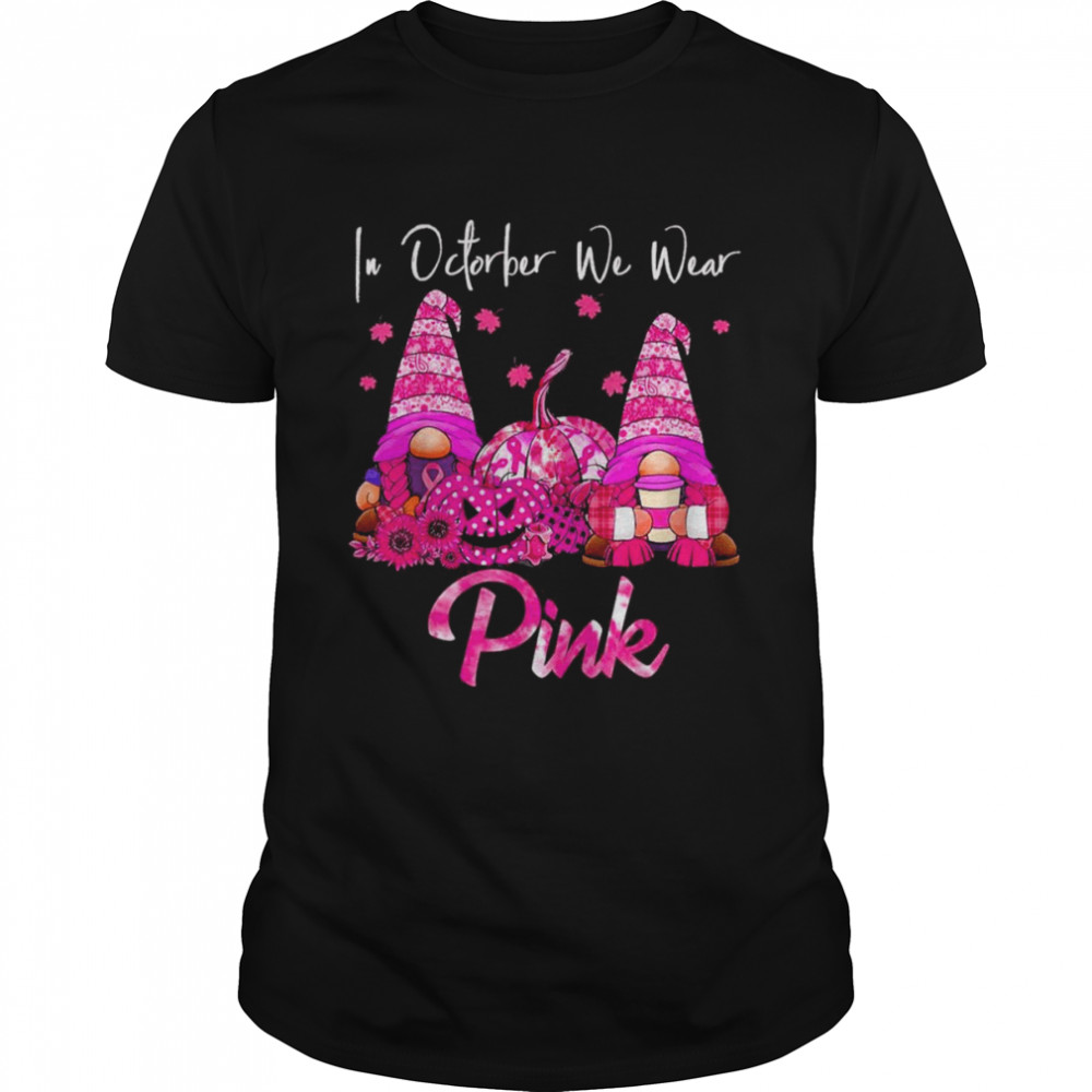 Pumpkin Gnomes Halloween Ribbon In October We Wear Pink Breast Cancer Awareness  Classic Men's T-shirt