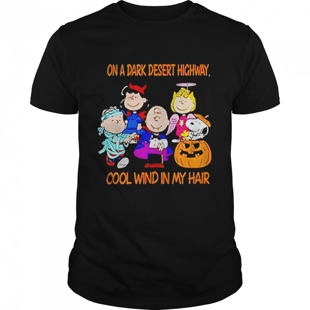 Snoopy peanut jeep on a dark desert highway cool wind in my hair snoopy Halloween shirt