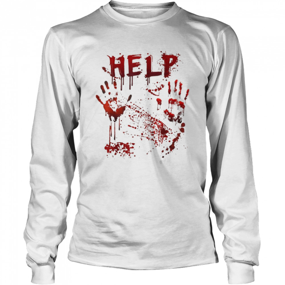 Halloween Party Funny Help Bloody Handprint T- Long Sleeved T-shirt