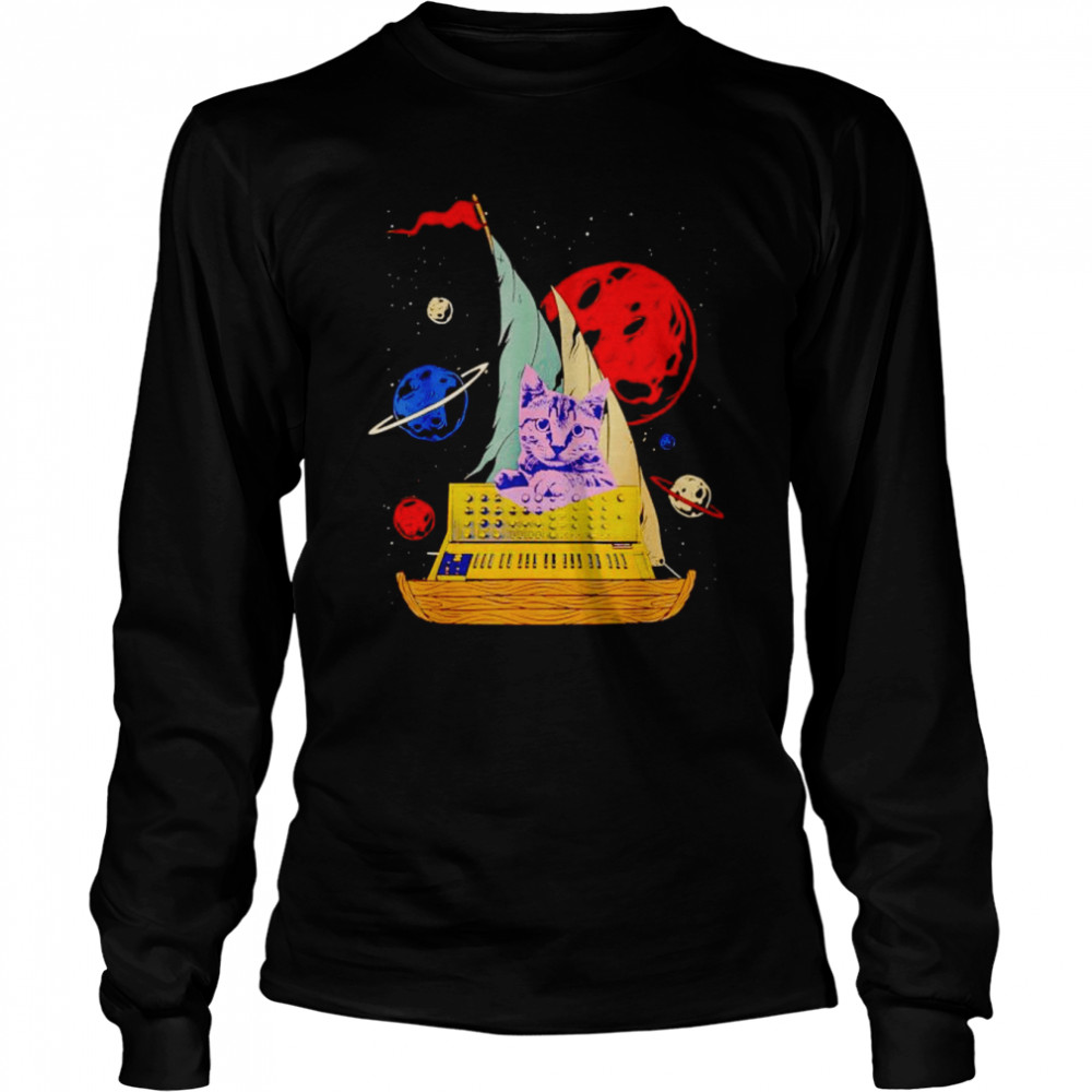Cat on synthesizer in space shirt Long Sleeved T-shirt