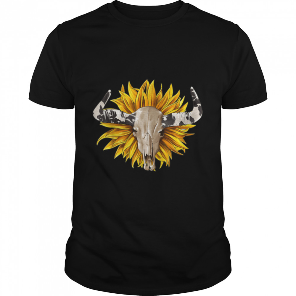 Sunflower Boho Bull Skull Cow Skull Cowhide Western T-Shirt B0BJ74SXSN