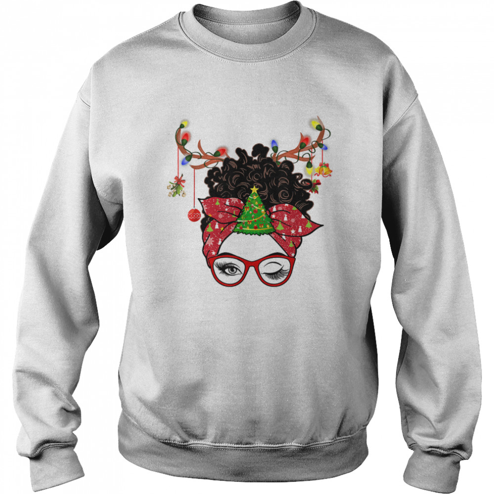 Messy Bun Hair Black Woman Girl Santa Christmas 2022 T- Unisex Sweatshirt