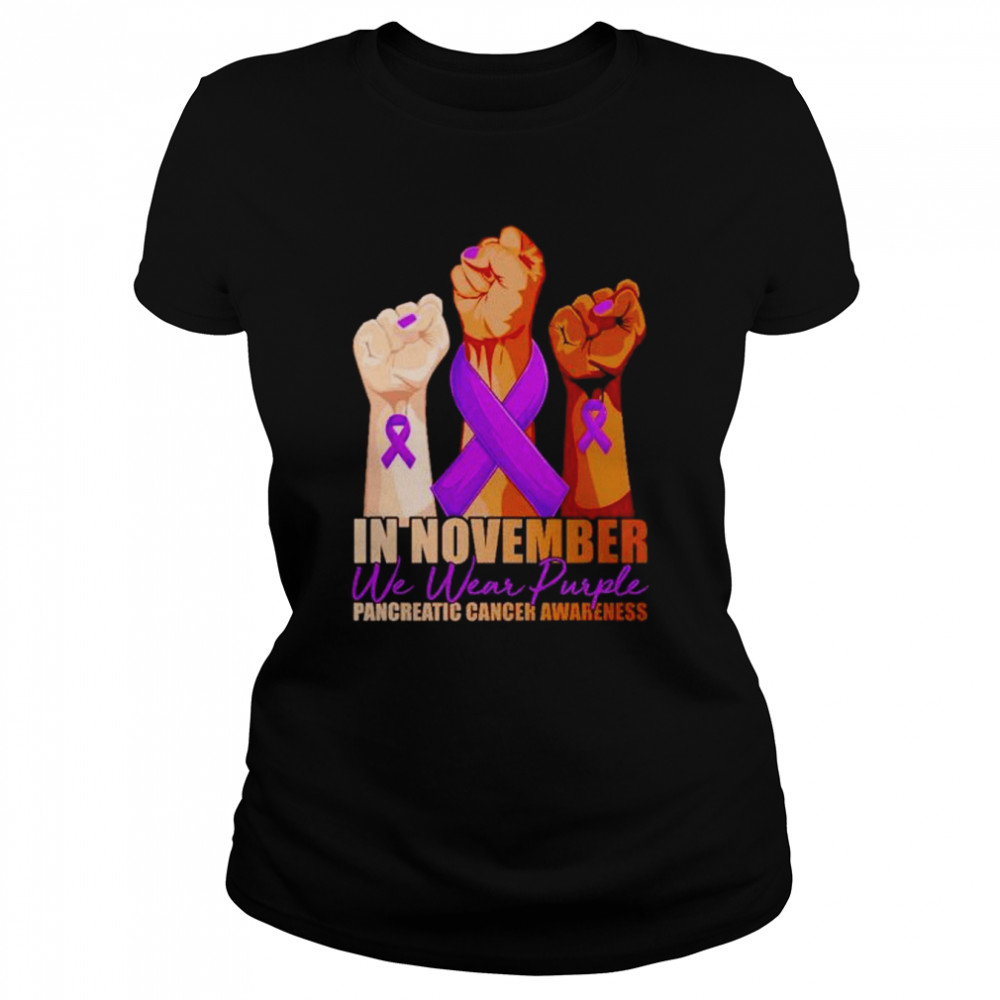Top in november we wear purple pancreatic cancer awareness strong fists shirt Classic Women's T-shirt