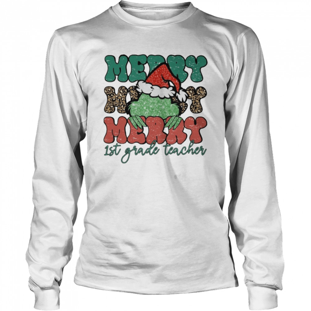 Santa Grinch Merry 1st Grade Teacher Christmas Leopard 2022 shirt Long Sleeved T-shirt