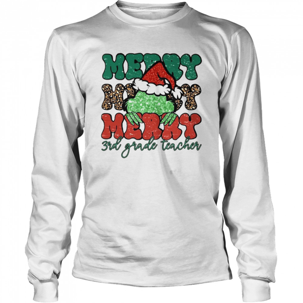 Santa Grinch Merry 3rd Grade Teacher Christmas Leopard 2022 shirt Long Sleeved T-shirt