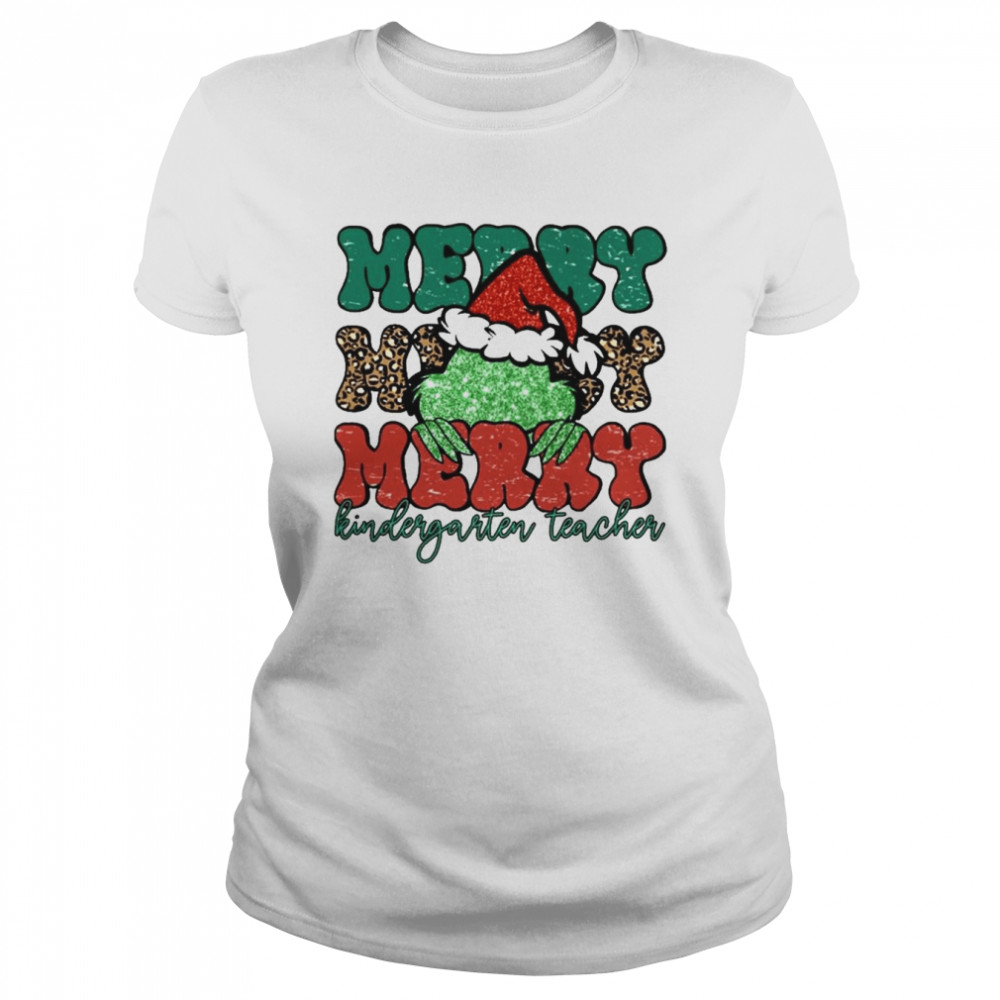 Santa Grinch Merry Kindergarten Teacher Christmas Leopard 2022 shirt Classic Women's T-shirt